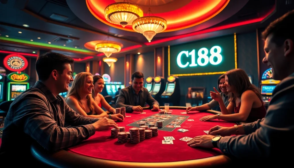 C168 glowing in a lively casino scene filled with poker players, roulette wheels, and slot machines.