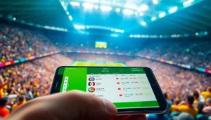 Showcasing the best sports betting apps in India displayed on a smartphone amidst a lively sports stadium setting.