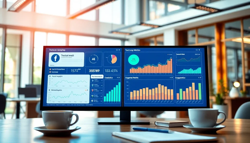 Showcase of a facebook smm panel represented in a modern office view, illustrating digital marketing analytics.