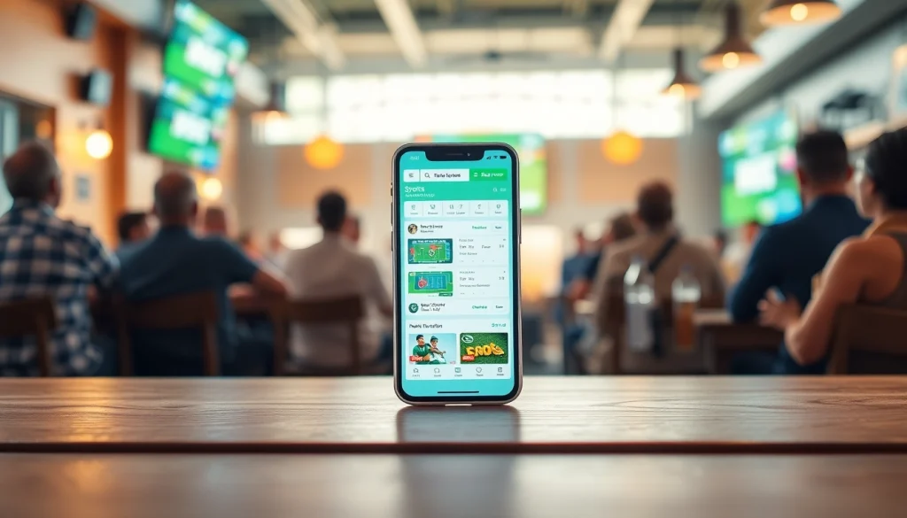 Check the best sports betting apps in India on a smartphone set in a lively sports bar.