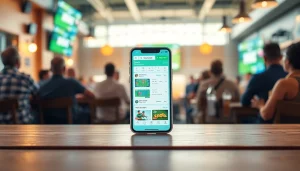 Check the best sports betting apps in India on a smartphone set in a lively sports bar.