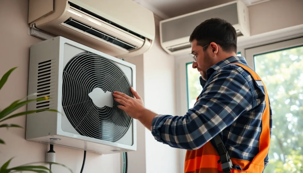 HVAC technician checks system efficiency at https://nobleheatingairservices.com in a contemporary home.