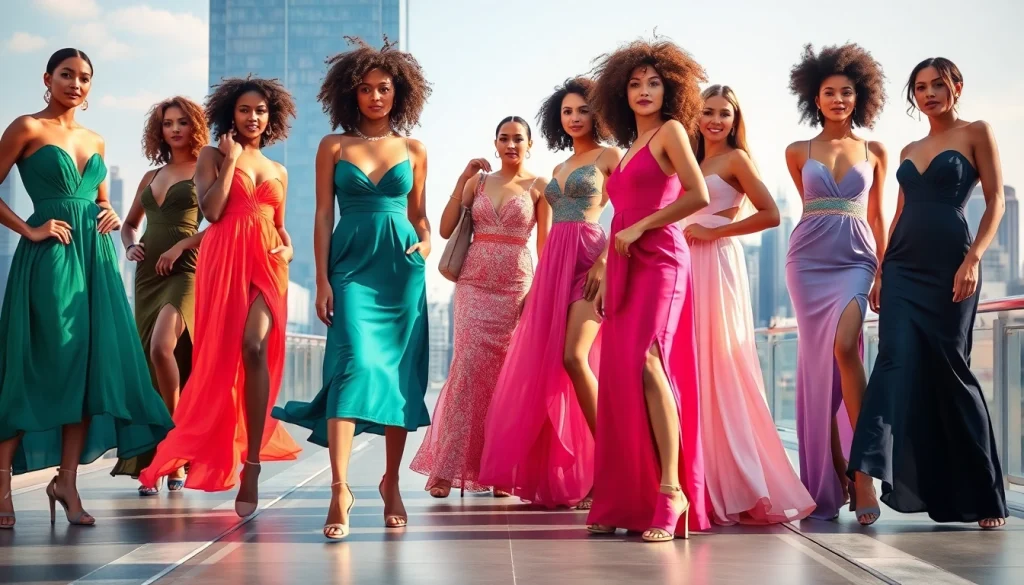 Showcase of vibrant custom dress designs at https://primadonsanddonnas.com featuring diverse models stylishly posed.