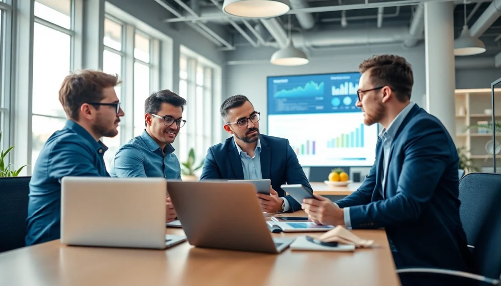 79king marketing team collaborating in a bright office with digital displays and charts.