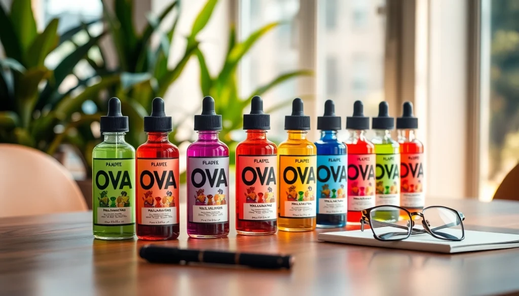 Genieße Oxva Liquid in stilvollen Flaschen auf einem Holztisch, umgeben von lebendigen Farben.