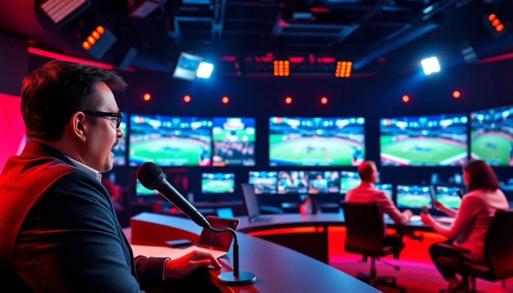 스포츠중계 중 해설자들이 라이브로 방송하는 공간을 보여줍니다.