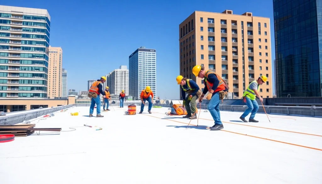Expertly executing commercial roofing services in a bustling urban environment, demonstrating professional teamwork.