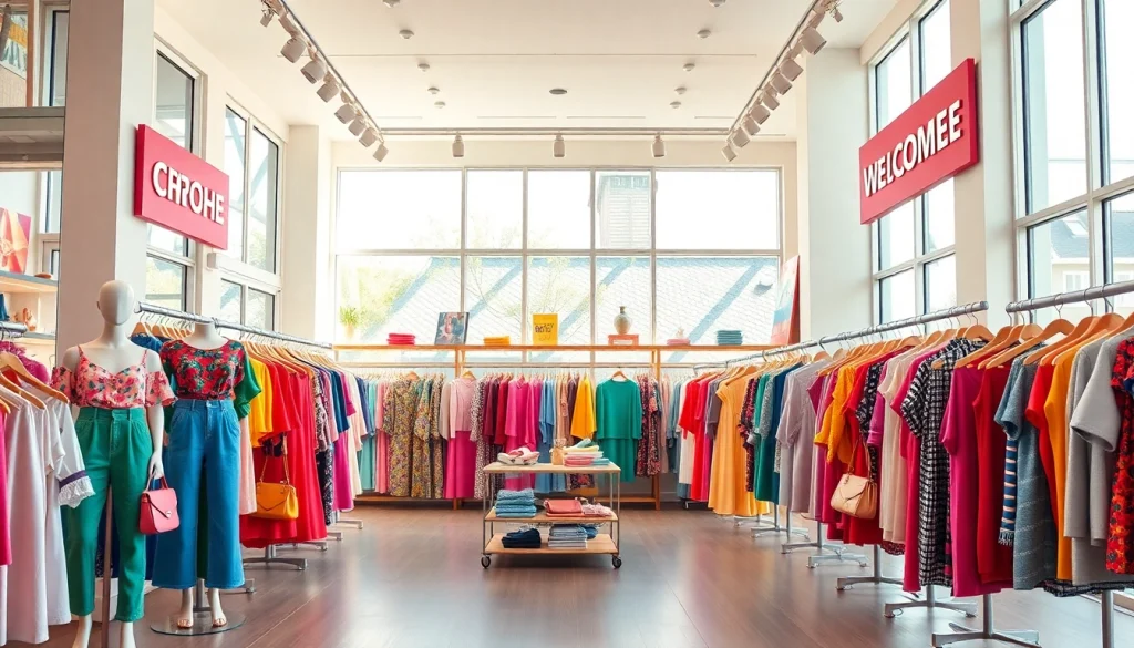 Shop the latest fashion selections at this vibrant clothing store with colorful displays.