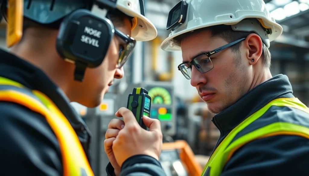 Conducting a noise assessment survey with sound level meter in an industrial setting.
