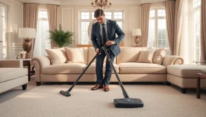 Sofa cleaning Dubai showcasing a professional cleaner in a bright living room steams the upholstery.