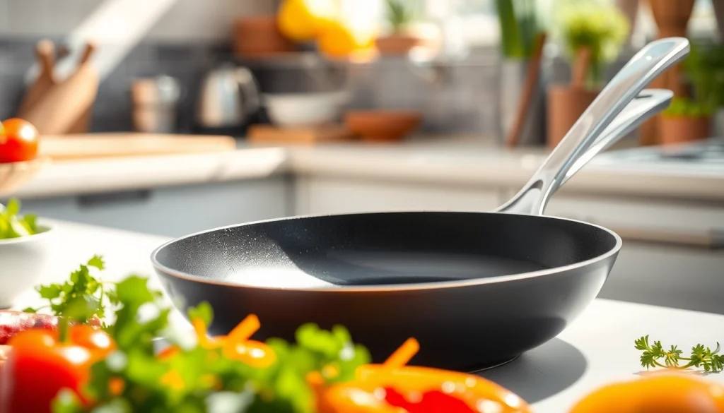 Cook using a nonstick fry pan NZ with vibrant vegetables in a bright kitchen.