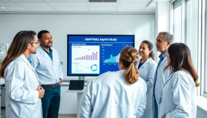 Researchers analyzing data related to the ADAPTABLE Aspirin Study in a modern laboratory.