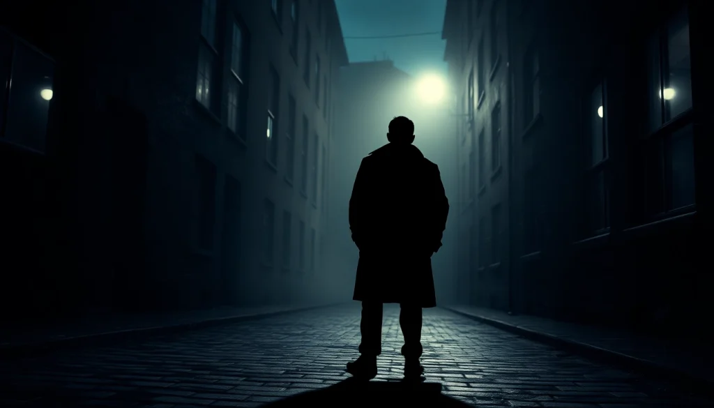 Discover a dramatic thriller scene featuring a detective in a foggy alley.