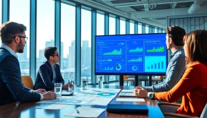 Analyze competitive intelligence strategies with a professional team in an inspiring office setting.