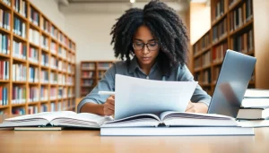 Asistent academic de la https://lucrari-licenta.net ajută un student să redacteze lucrarea la birou.