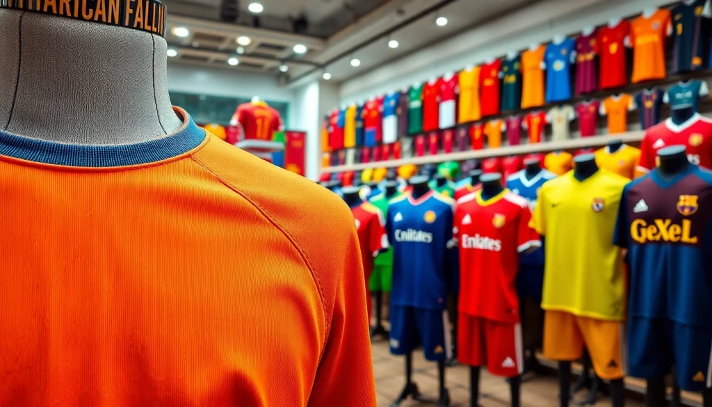 Shop vibrant football kits showcasing team colors and designs in a sports store setting.