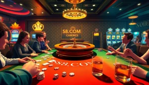 S8.COM showcases an exciting poker scene with vibrant colors, chips, and players cheering in a luxurious casino.