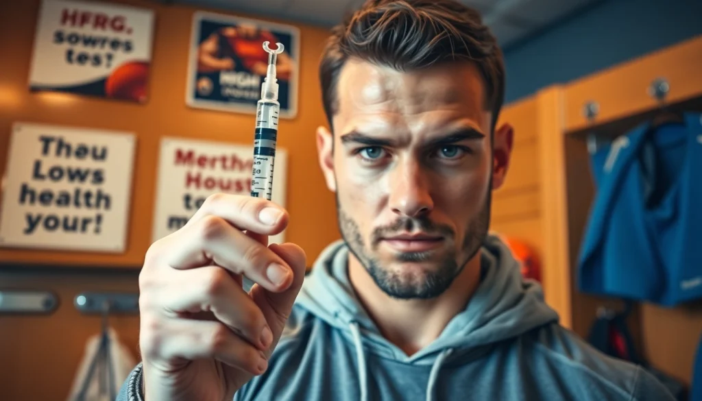 Buy HGH Online: Athlete showcasing a syringe in a vibrant sports setting for health and vitality.