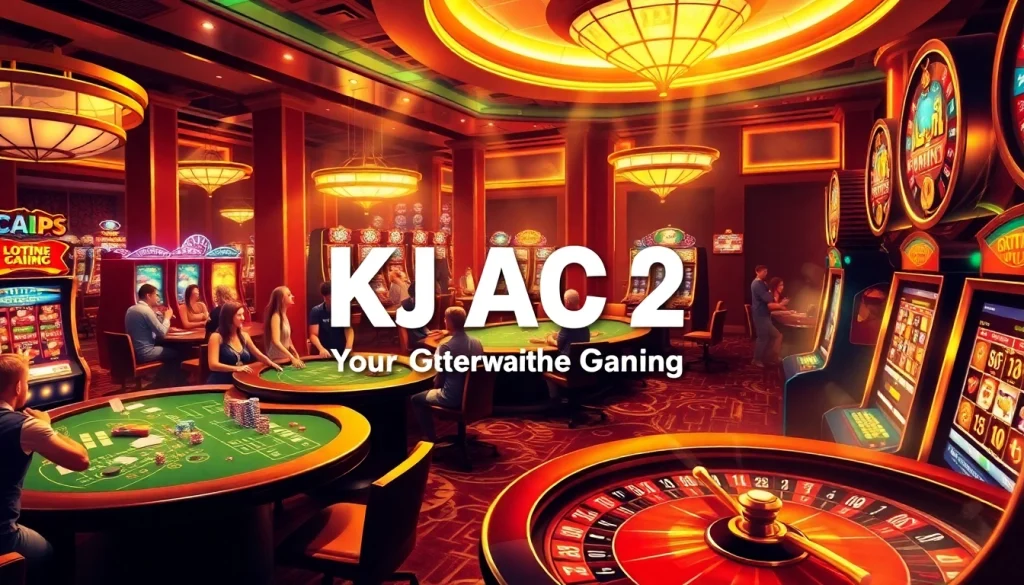 KJC AC 2 showcases an exciting casino atmosphere with players at poker tables and slot machines.