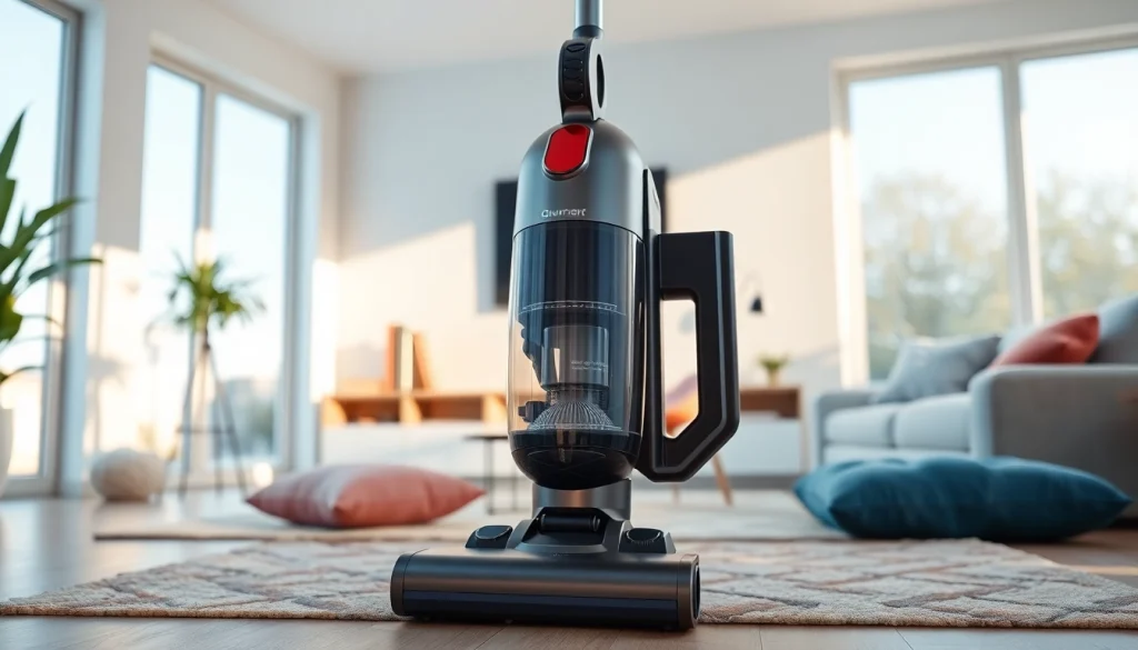 Efficient vacuum cleaning a stylish, modern living room with minimalistic decor.