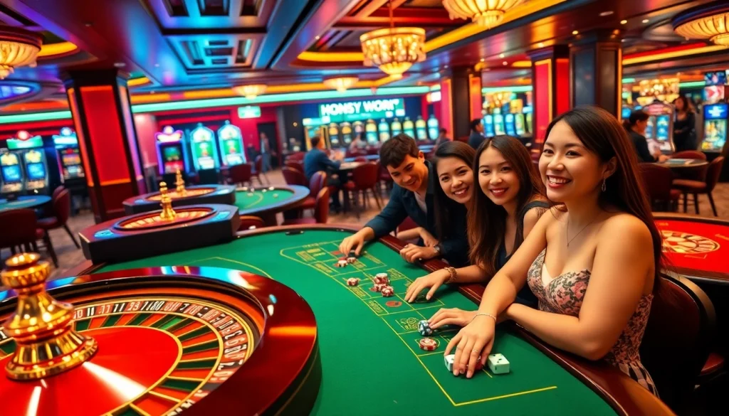 Experience the thrill of XX88 at a buzzing casino table with roulette and poker, showcasing the excitement of live gambling.