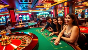 Experience the thrill of XX88 at a buzzing casino table with roulette and poker, showcasing the excitement of live gambling.