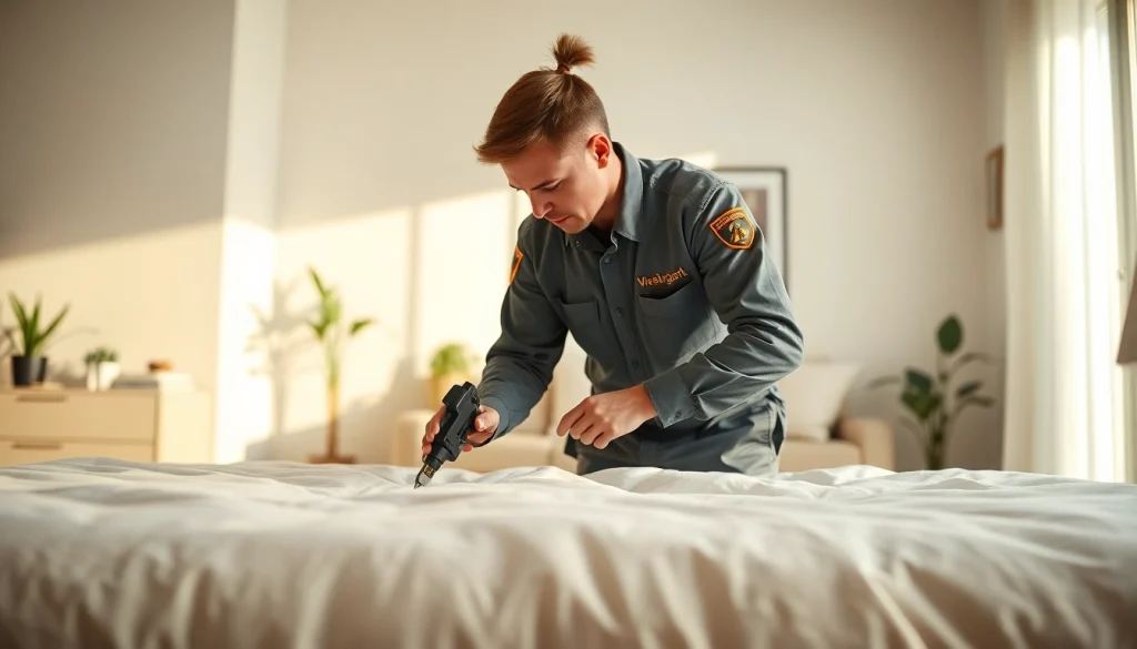 Inspecting for pests at https://affordablebedbugexterminators.com in a cozy, well-lit living room.