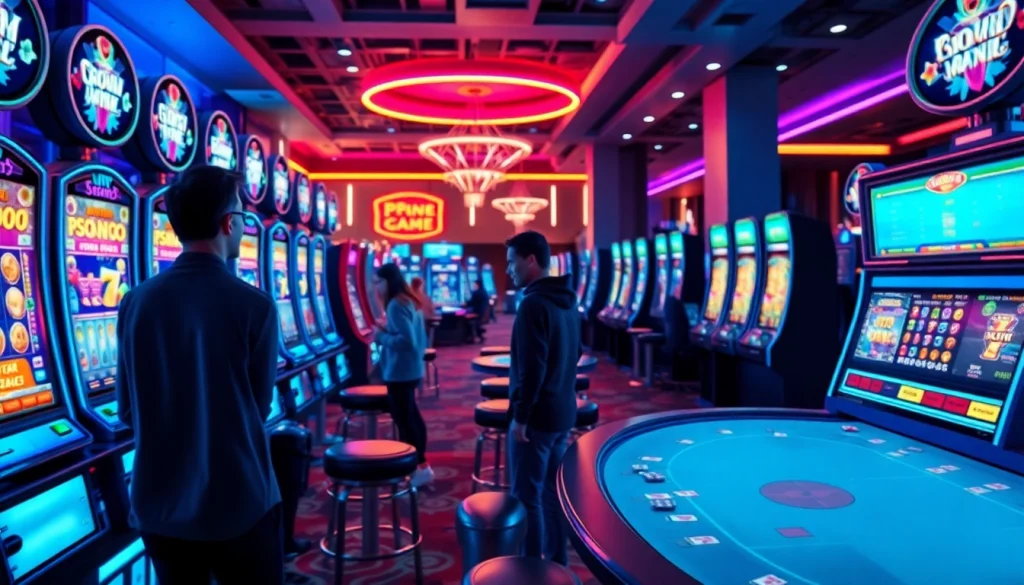 Engaging scene at https://rusia777.com featuring dynamic slot machines and happy players in a vibrant casino.