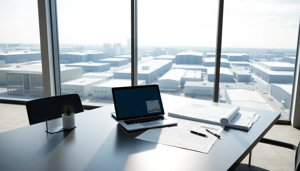 Engaging office scene for industrial leasing showcasing workspace and industrial properties.