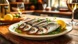 Presenta sardianas gourmet en un plato elegante, resaltando su frescura y acompañamientos decorativos.