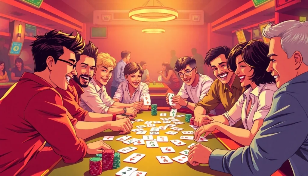 Rummy nabob players strategizing at a vibrant table filled with colorful cards and chips.