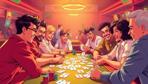 Rummy nabob players strategizing at a vibrant table filled with colorful cards and chips.