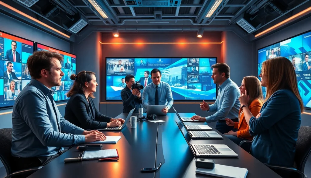 Team working at regionalmedianews.com newsroom on breaking news reports with advanced technology.