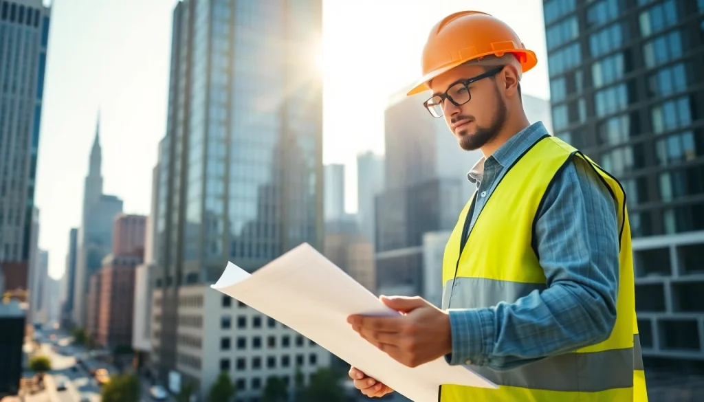 New York City Construction Manager assessing blueprints amidst urban skyline.