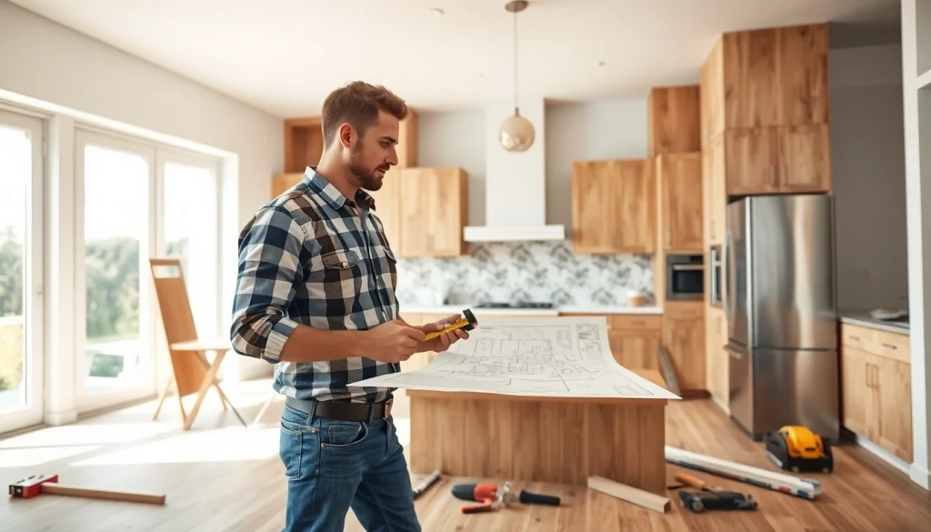 Remodeling Contractor actively working on a kitchen renovation with tools and materials.
