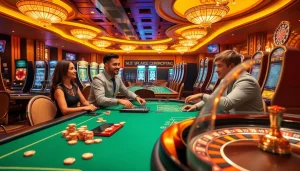 Engaged players enjoying the Vmax game in a luxurious online casino setting with vibrant tables and thrilling atmosphere.