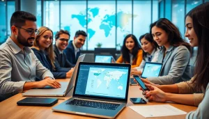 Helloworld software in a modern workspace fostering global collaboration through technology.