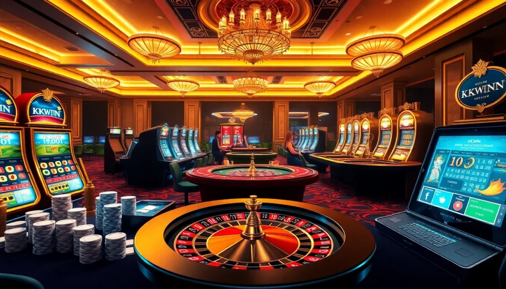 Experience thrilling gameplay at https://kkwin.diy/ with an elegant casino scene featuring poker chips and roulette.