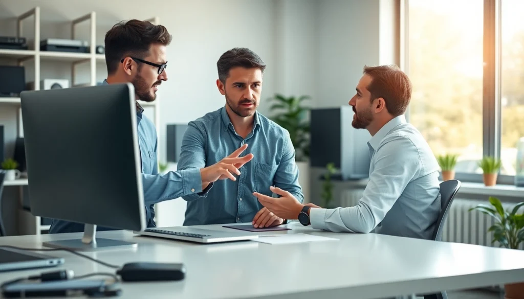 Get reliable computer help near me with a professional technician assisting a client in a bright office.