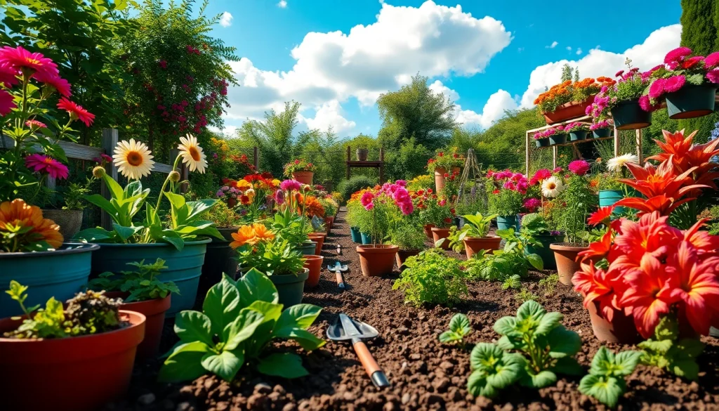 Gardening scene showcasing vibrant flowers and vegetables flourishing in a sunny garden.