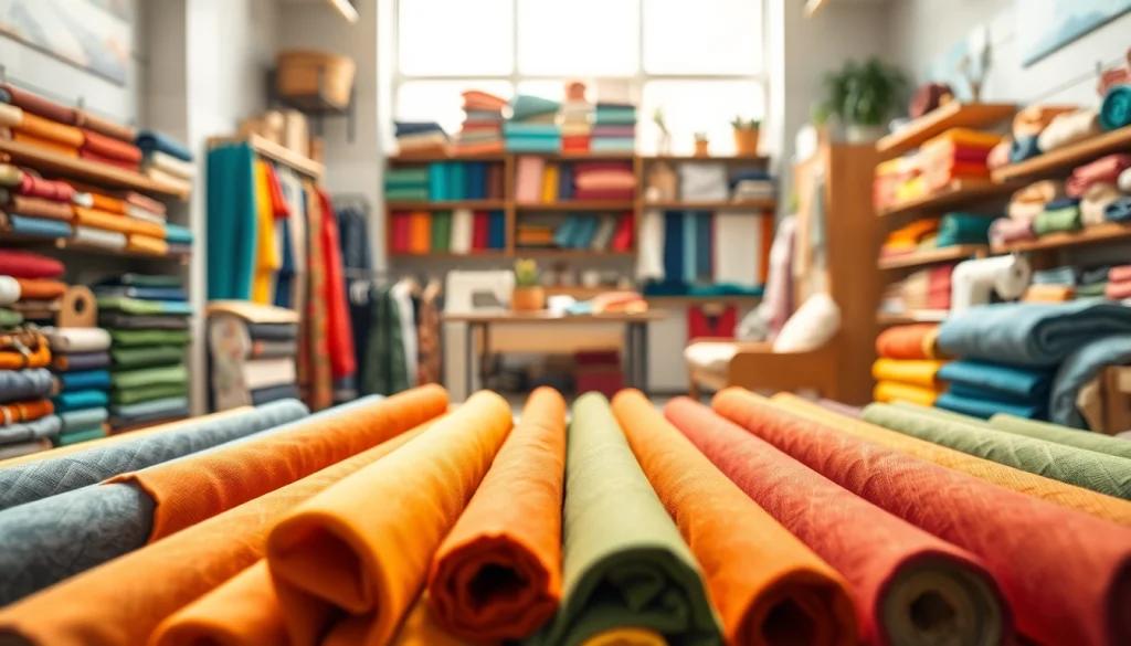 Bekijk de stoffenwinkel met een kleurrijke verscheidenheid aan stoffen en naaigerelateerde materialen.