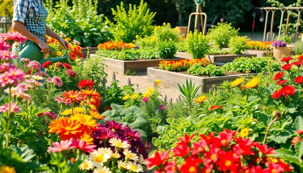 Gardening scene with vibrant flowers and a gardener watering plants in a sunny setting.