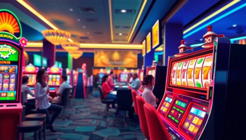 Mesin Slot Gacor yang menggembirakan di kasino modern online, menampilkan pemain penuh semangat.