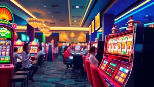 Mesin Slot Gacor yang menggembirakan di kasino modern online, menampilkan pemain penuh semangat.