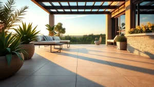 Carrelage extérieur élégant sur une terrasse avec des plantes luxuriantes et du mobilier moderne.