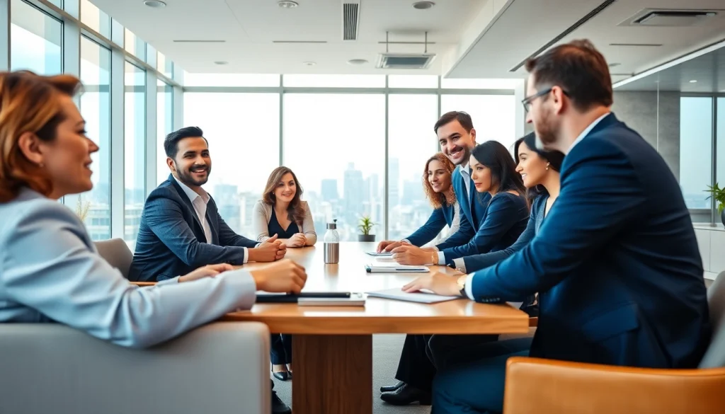 Engaged professionals collaborating in a vibrant business environment.