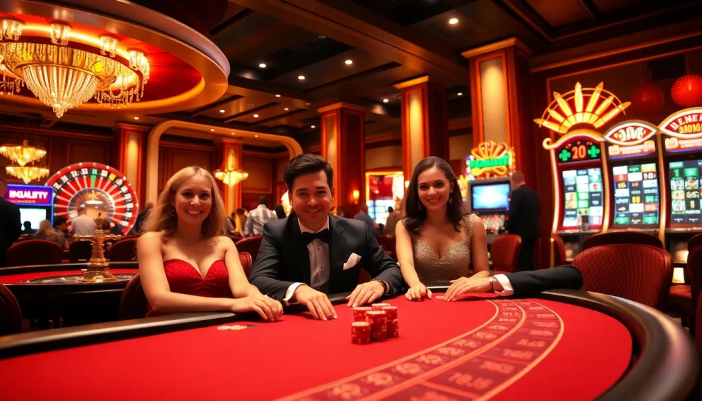New66 players enjoying a thrilling poker game in a luxurious casino setting.
