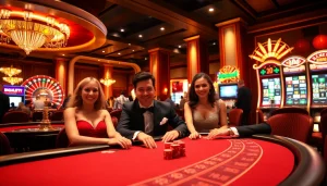 New66 players enjoying a thrilling poker game in a luxurious casino setting.