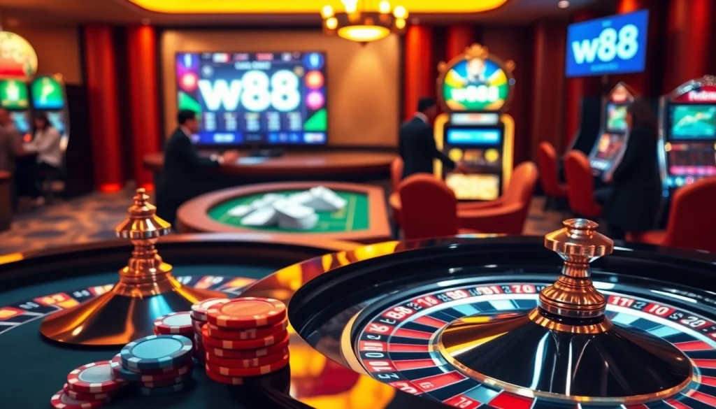 W88 online casino scene showcasing vibrant gaming atmosphere with roulette, poker chips, and slot machines.