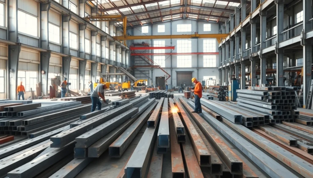 Workers engaged in structural steel fabrication in a well-equipped workshop environment.